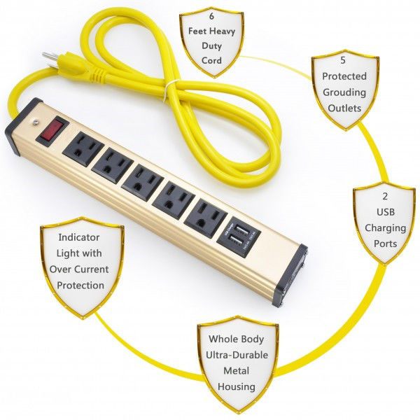 Máy tính để bàn 5 phẳng cắm Power Strip với USB Charger, 5 ổ cắm Power Bar 5 v 2.4A / 1A